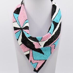 Beaded Triangle Bib Necklace in Pink, Turquoise & Black